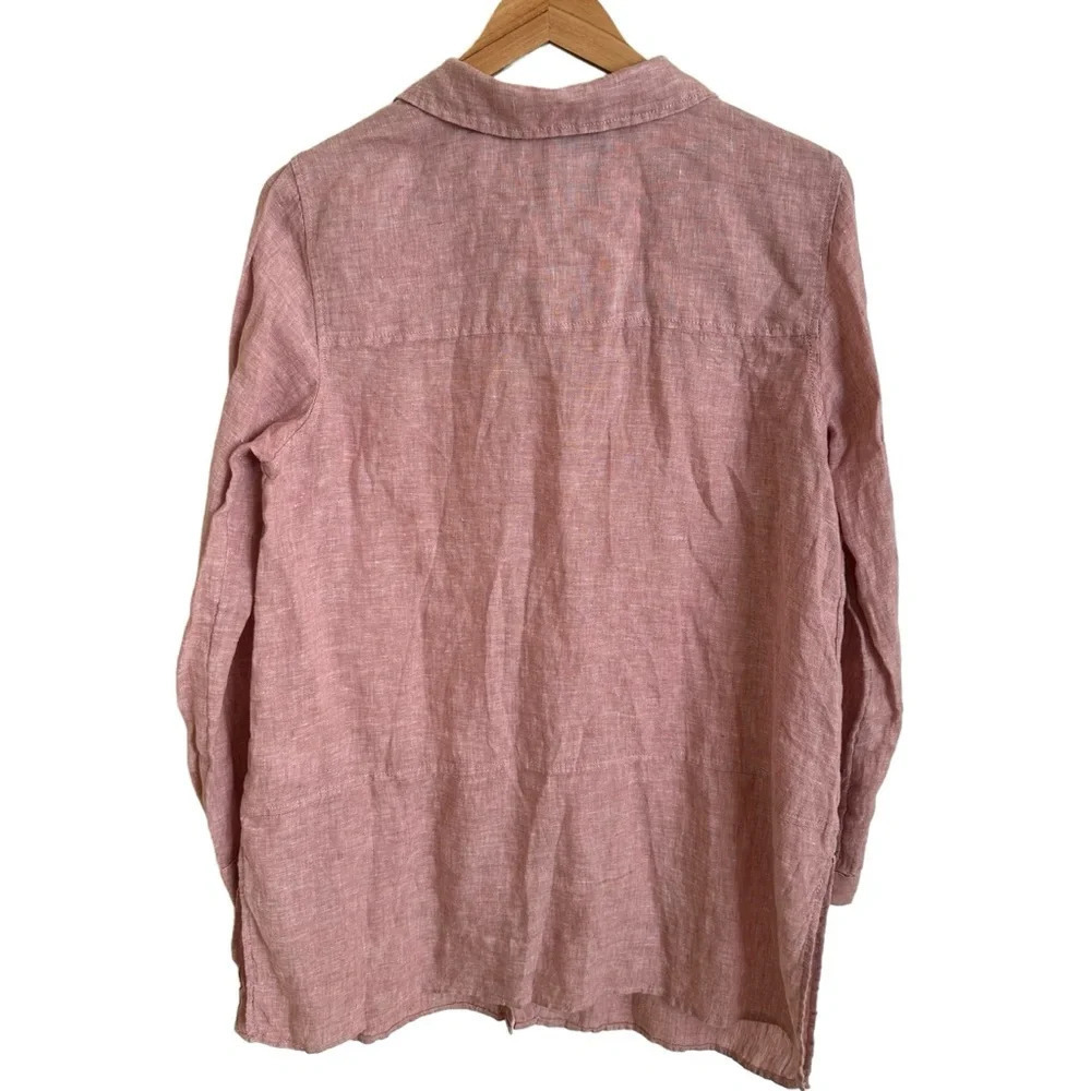 Tahari Essentials Womens Large 100% Linen Button Up Tunic Shirt Red Tab Sleeve - Picture 2 of 4